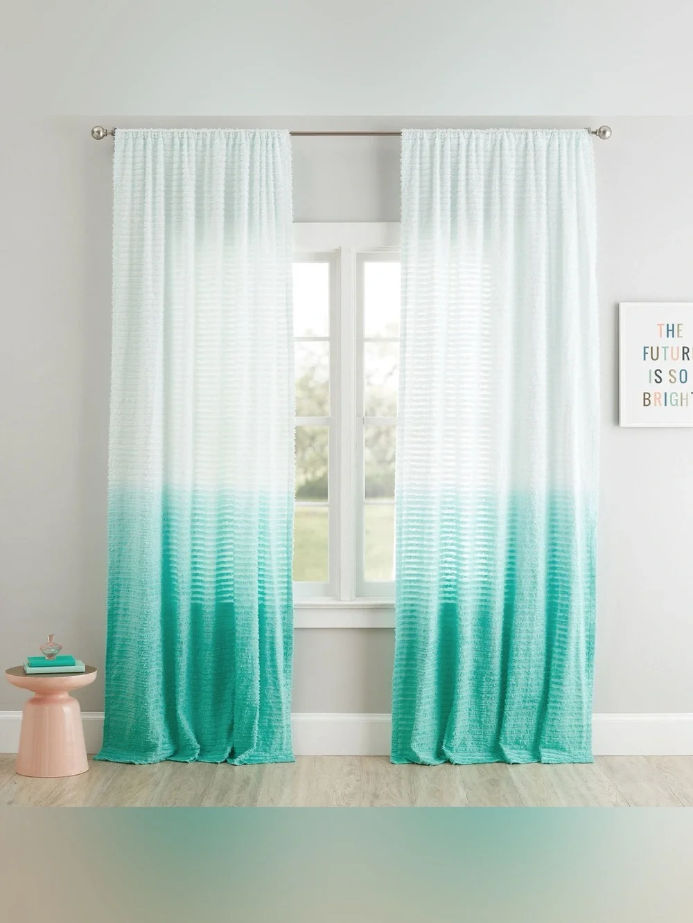2 Pottery Barn Textural Ombre Window Curtain Set Teal Green Blue White NWT